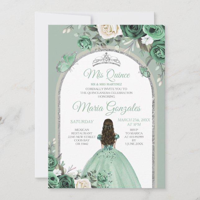 Convites Silver Mis Quince Dusty Green - Quinceañera (Frente)
