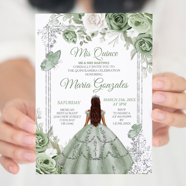 Convites Silver Mis Quince Sage Green Quinceañera (Criador carregado)
