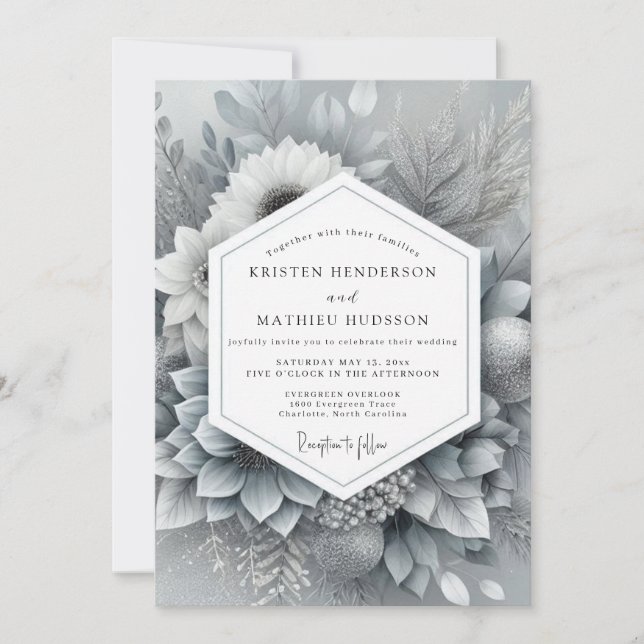 Convites Silver Monochromatic Bloom Wedding (Frente)