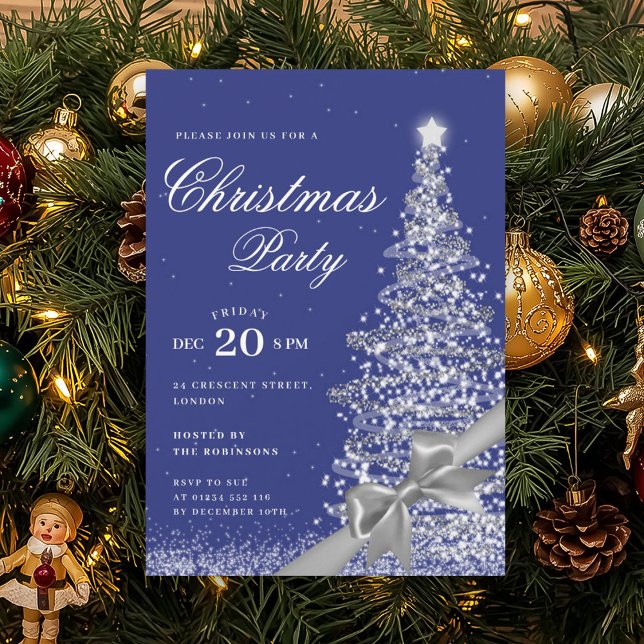 Convites Silver Navy Winter Christmas Tree Bow Holiday  (Silver Navy Winter Christmas Tree Bow Holiday Invitation)