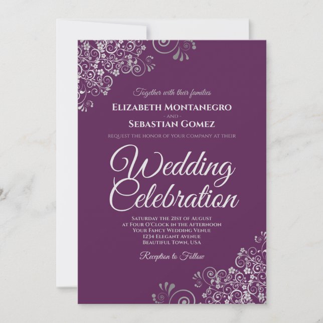 Convites Silver on Plum Purple Simple Elegant Wedding (Frente)