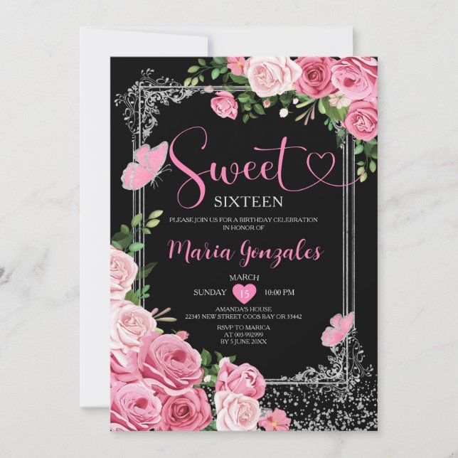 Convites Silver Pink Doce Sessenta e dezesseis Festas de an (Frente)