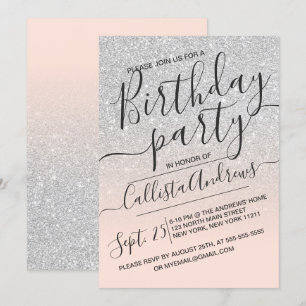 Convites Silver Pink Faux Sparkly Ombre Aniversário