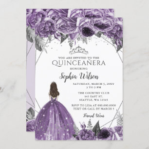 Convites Silver Purple Floral Princess Quinceañera