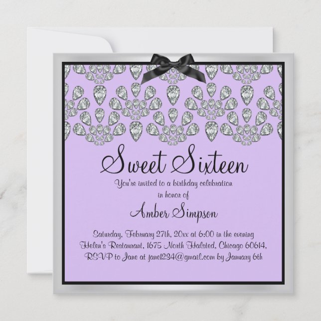 Convites Silver & Purple Forever Diamantes Sweet 16 Invite (Frente)