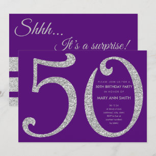 Convites Silver Purple Glitter Surpresa 50ª Festa de anive
