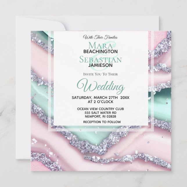 Convites *~* Silver QR MINT PINK AGATE AR66 RSVP Casamento (Frente)