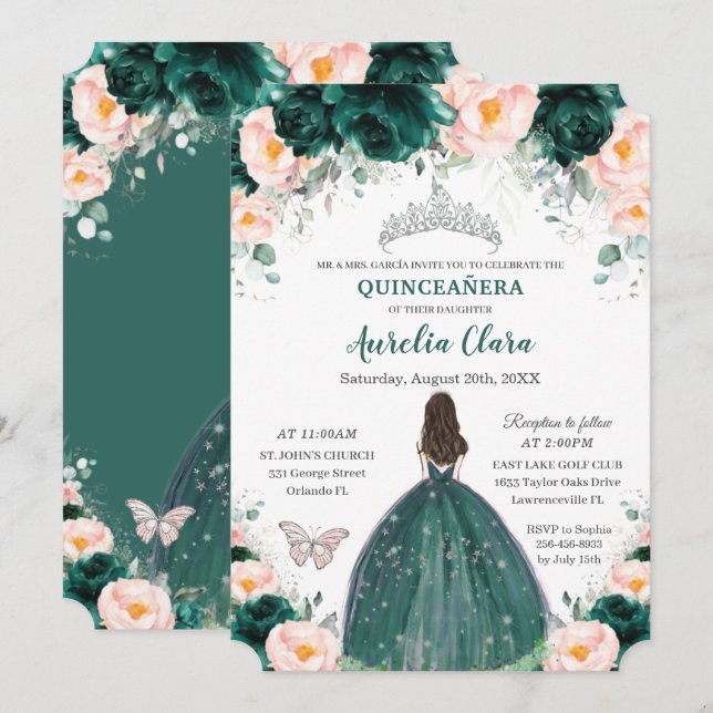 Convites Silver Quinceañera Emerald Blush Princesa Floral (Frente/Verso)