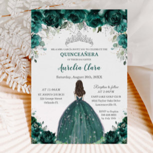 Convites Silver Quinceañera Emerald Green Princesa Floral