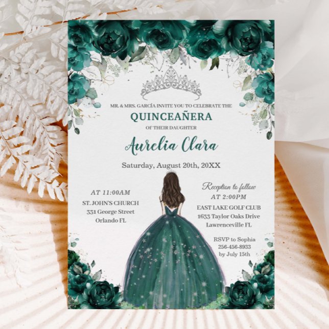Convites Silver Quinceañera Emerald Green Princesa Floral (Criador carregado)