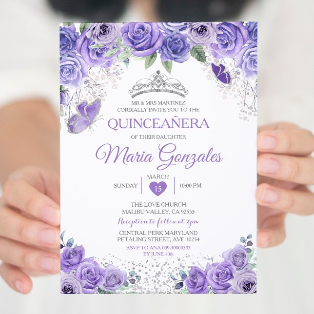 Convites Silver Quinceañera Purple Crown Borboleta Mexicana (Criador carregado)