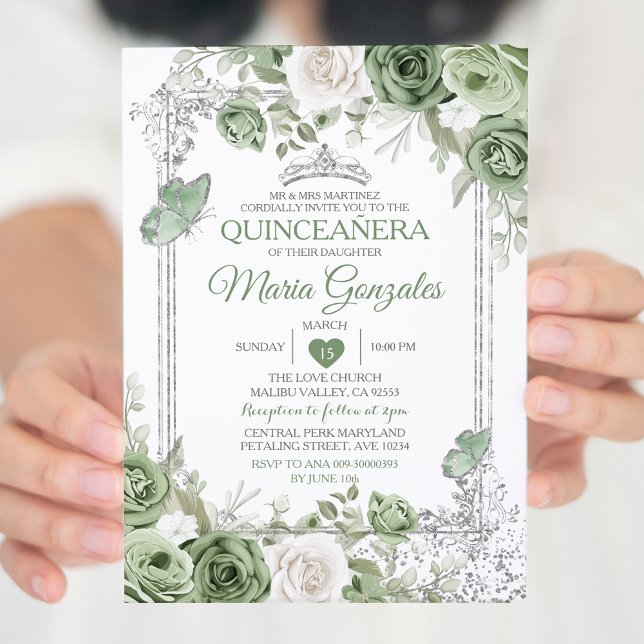 Convites Silver Quinceañera Sage Borboleta Verde (Criador carregado)