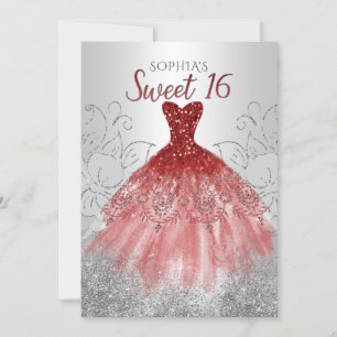 Convites Silver Red Glitter Sparkle Dress 16 anos