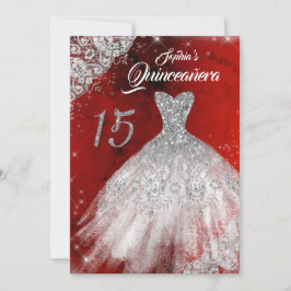 Convites Silver Red Lace Diamond Sparkle Gown Quinceanera
