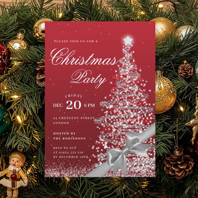 Convites Silver Red Winter Christmas Tree Bow Holiday  (Silver Red Winter Christmas Tree Bow Holiday Invitation)