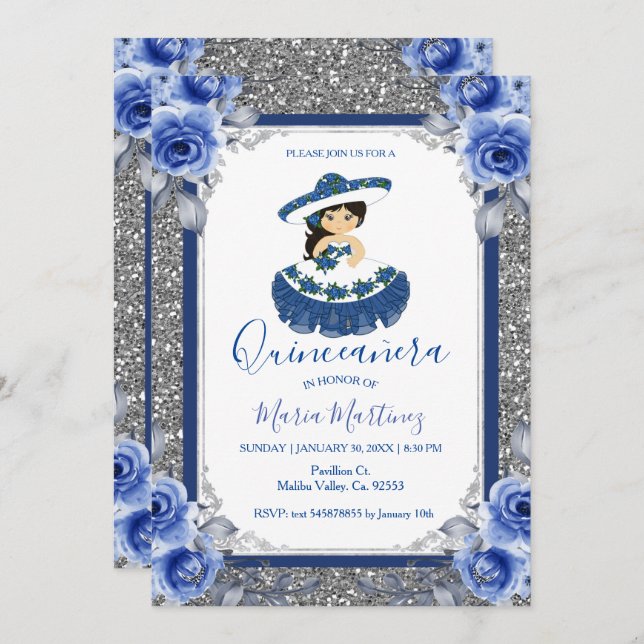Convites  Silver Royal Rosas Quinceanera  (Frente/Verso)