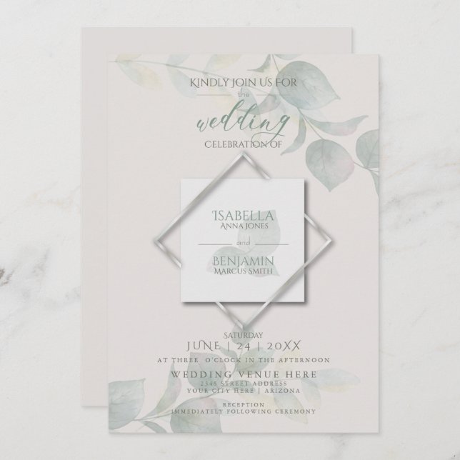 Convites Silver Sage Eucalyptus Wedding (Frente/Verso)