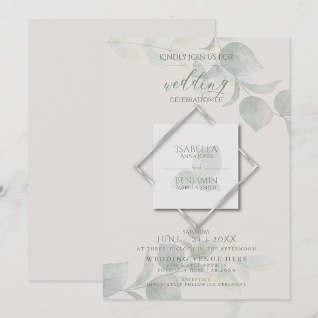 Convites Silver Sage Eucalyptus Wedding (Frente/Verso)
