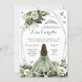 Convites Silver Sage Green Princess Butterfly Quinceañera
