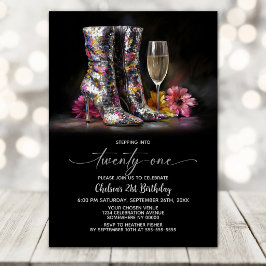 Convites Silver Sequin Boots 21st Birthday Party