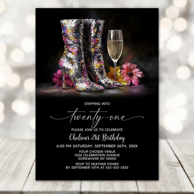 Convites Silver Sequin Boots 21st Birthday Party (Criador carregado)