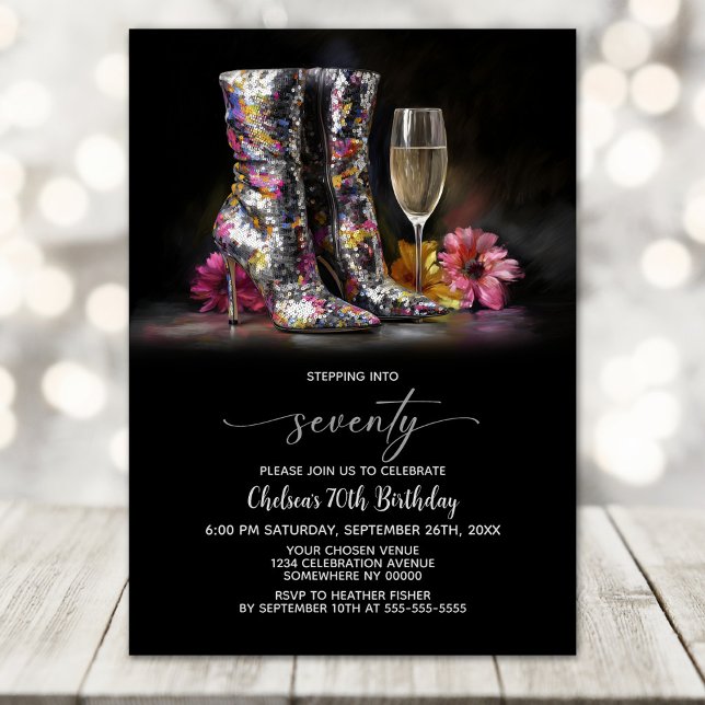 Convites Silver Sequin Boots 70th Birthday Party (Criador carregado)
