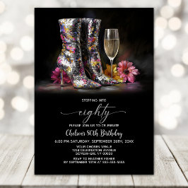 Convites Silver Sequin Boots 80th Birthday Party