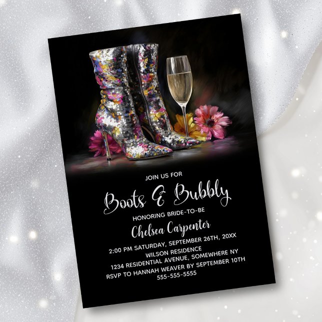 Convites Silver Sequin Boots and Bubbly Bridal Shower (Criador carregado)