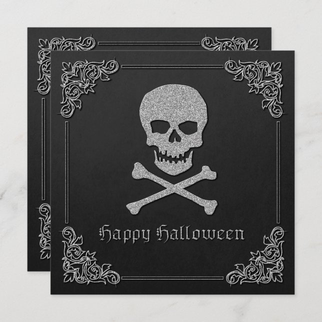 Convites Silver Skull e Crossbones Halloween (Frente/Verso)