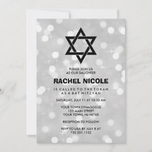 Convites Silver Sparkle Bokeh Bat Mitzvah e Star de David