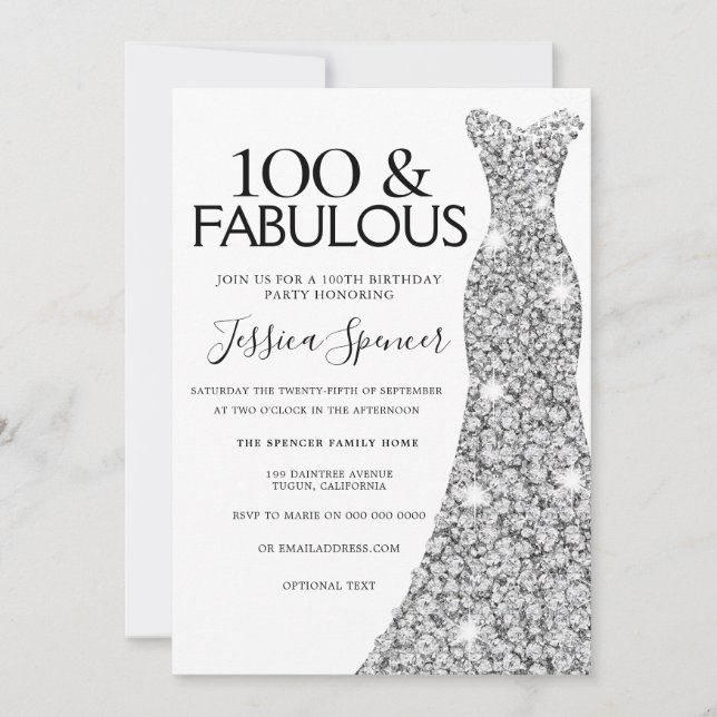 Convites Silver Sparkle Dress 100 e Fabuloso 100º aniversár (Frente)