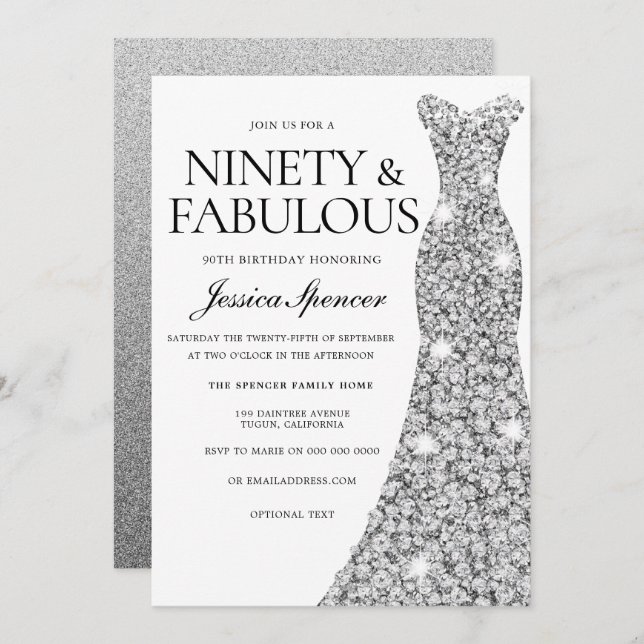 Convites Silver Sparkle Dress 90 e Fabuloso 90 aniversário (Frente/Verso)