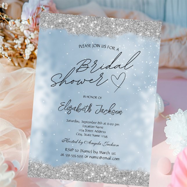 Convites Silver Sparkle Glitter Blue Bridal Shower  (Criador carregado)