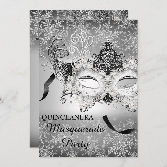 Convites Silver Sparkle Snowflake Mascarada Quinceanera (Frente/Verso)