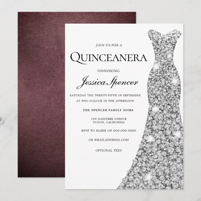 Convites Silver Sparkle Vress Velvet Quinceanera Convide (Frente/Verso)