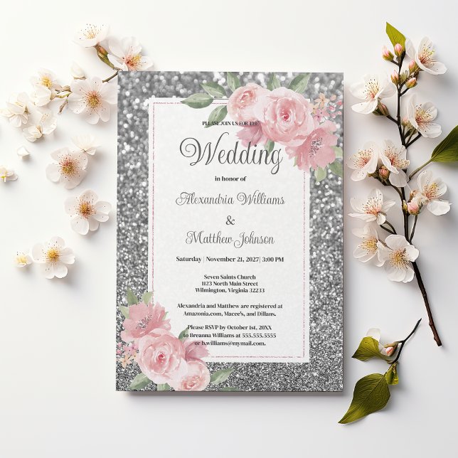 Convites Silver sparkly glitter pink floral Wedding  (Silver sparkly glitter pink floral Wedding )