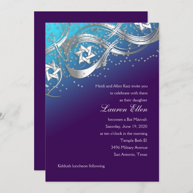 Convites Silver Star Confetti Flourando Mitzvah Turquoise (Frente/Verso)