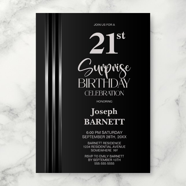 Convites Silver Striped Black Grey 21st Surprise Birthday (Criador carregado)