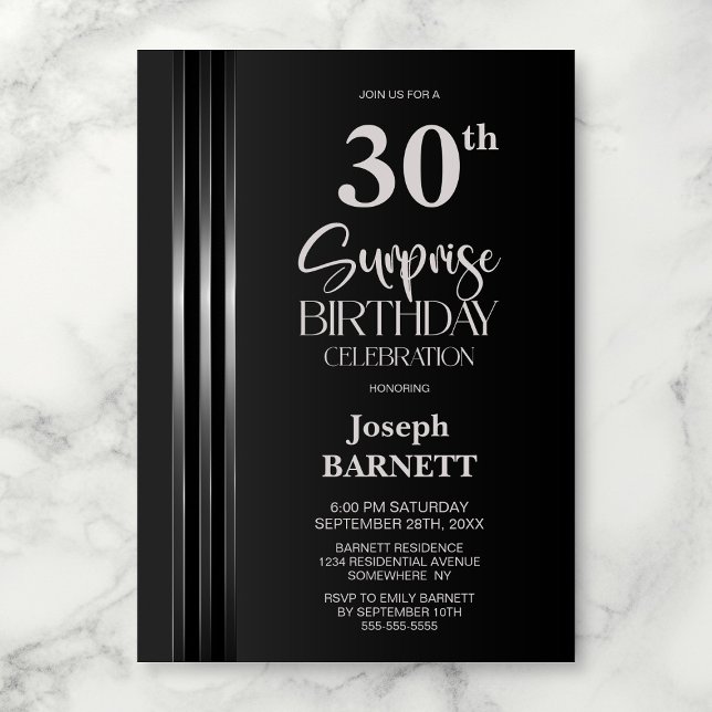 Convites Silver Striped Black Grey 30th Surprise Birthday (Criador carregado)