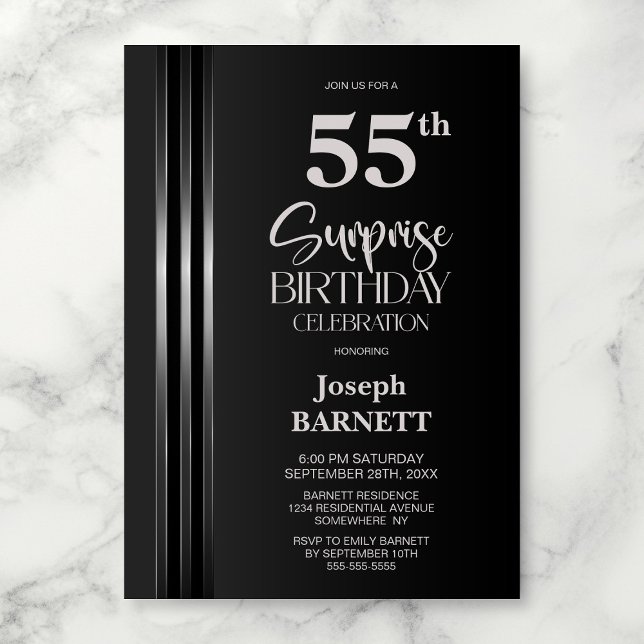 Convites Silver Striped Black Grey 55th Surprise Birthday (Criador carregado)