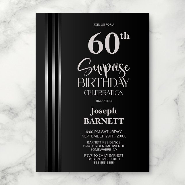 Convites Silver Striped Black Grey 60th Surprise Birthday (Criador carregado)