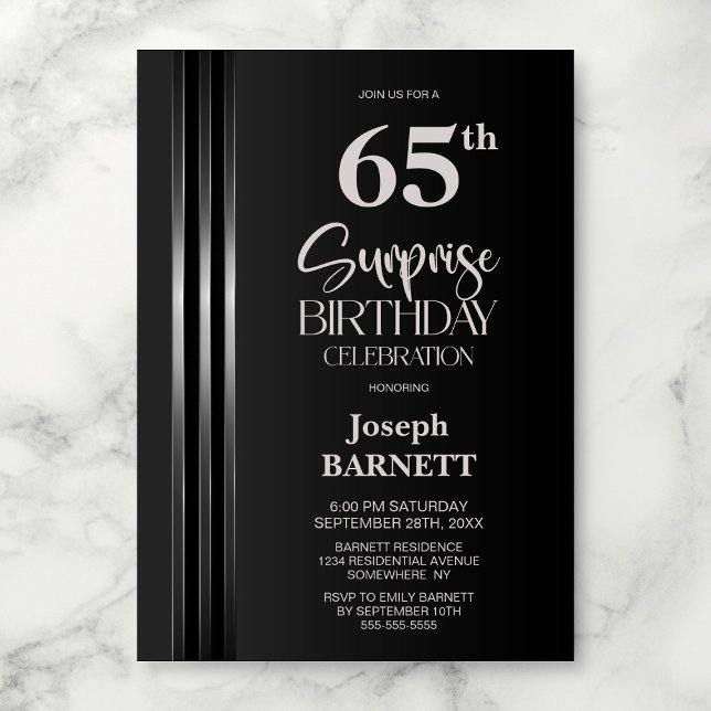 Convites Silver Striped Black Grey 65th Surprise Birthday (Criador carregado)
