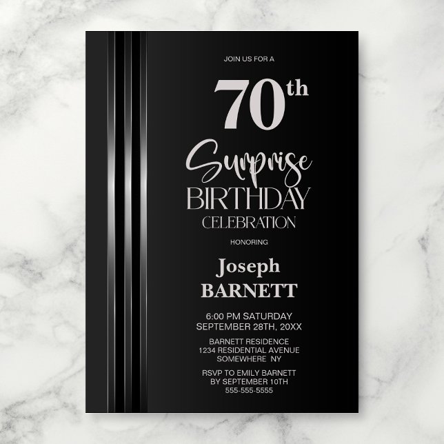 Convites Silver Striped Black Grey 70th Surprise Birthday (Criador carregado)