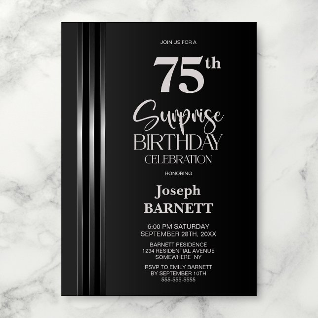 Convites Silver Striped Black Grey 75th Surprise Birthday (Criador carregado)