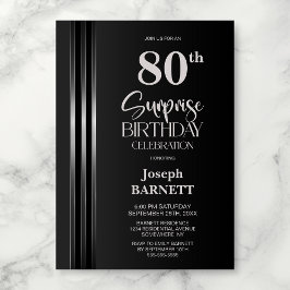 Convites Silver Striped Black Grey 80th Surprise Birthday