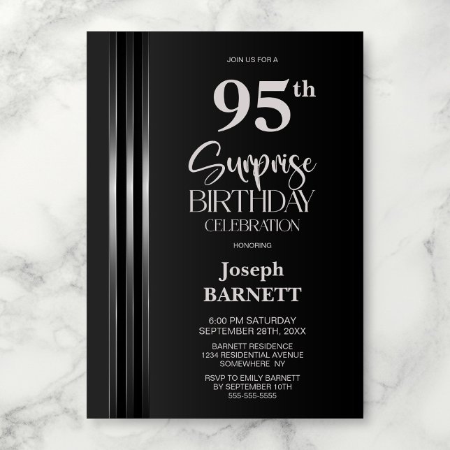 Convites Silver Striped Black Grey 95th Surprise Birthday (Criador carregado)