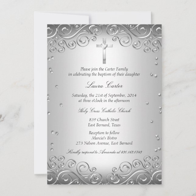 Convites Silver Swirl & Cross Baptism/Christening (Frente)