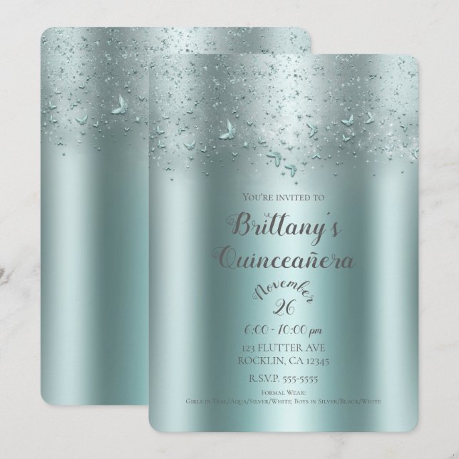 Convites Silver Teal Aqua Flutter Butterfly Quinceañera (Frente/Verso)