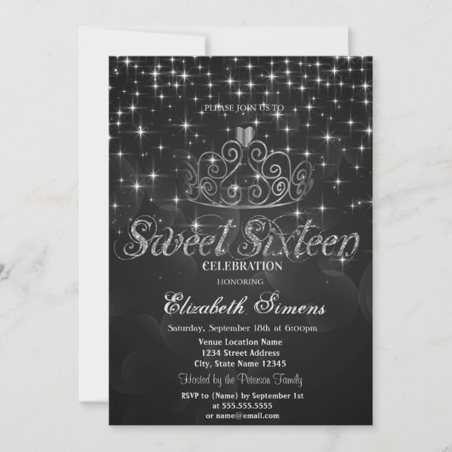 Convites Silver Tiara Stars Princesa Black Sweet 16 (Frente)