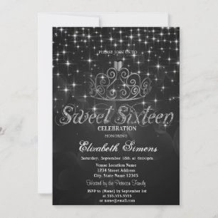 Convites Silver Tiara Stars Princesa Black Sweet 16